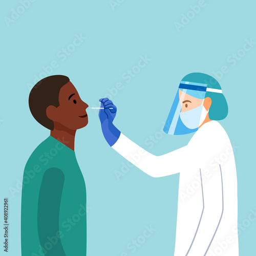 Covid-19 coronavirus testing carried out by a medical professional staff, doctor or nurse. African American man receiving a coronavirus test. DNA test by nose swap probe at hospital in flat design.
