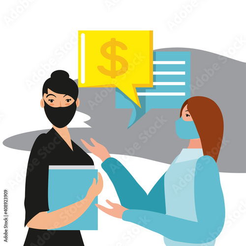businesswomen with masks talking business money