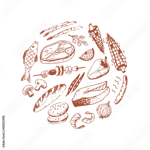 Doodle food illustration in the round. Fish, meat, vegetables and other different things.