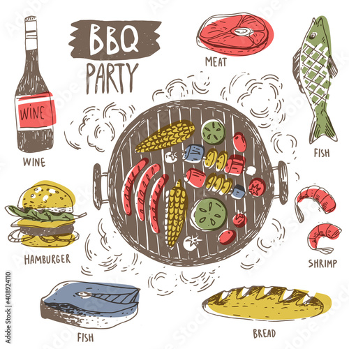 Vector doodle illustration with barbecue equipment and food. Traditional BBQ party.