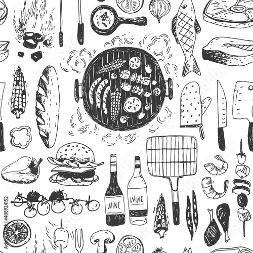 Summer barbecue seamless pattern with traditional elements, food, equipment. Bright