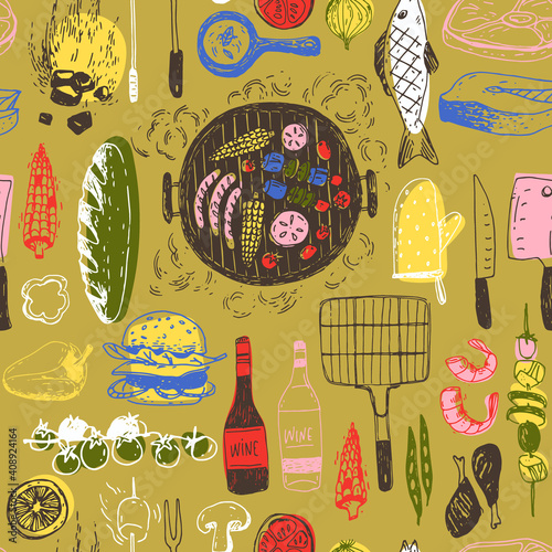 Summer barbecue seamless pattern with traditional elements, food, equipment.