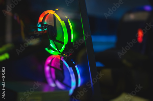 Fotografie View of Gaming PC with rgb led lights, powerful high end personal computer, asse
