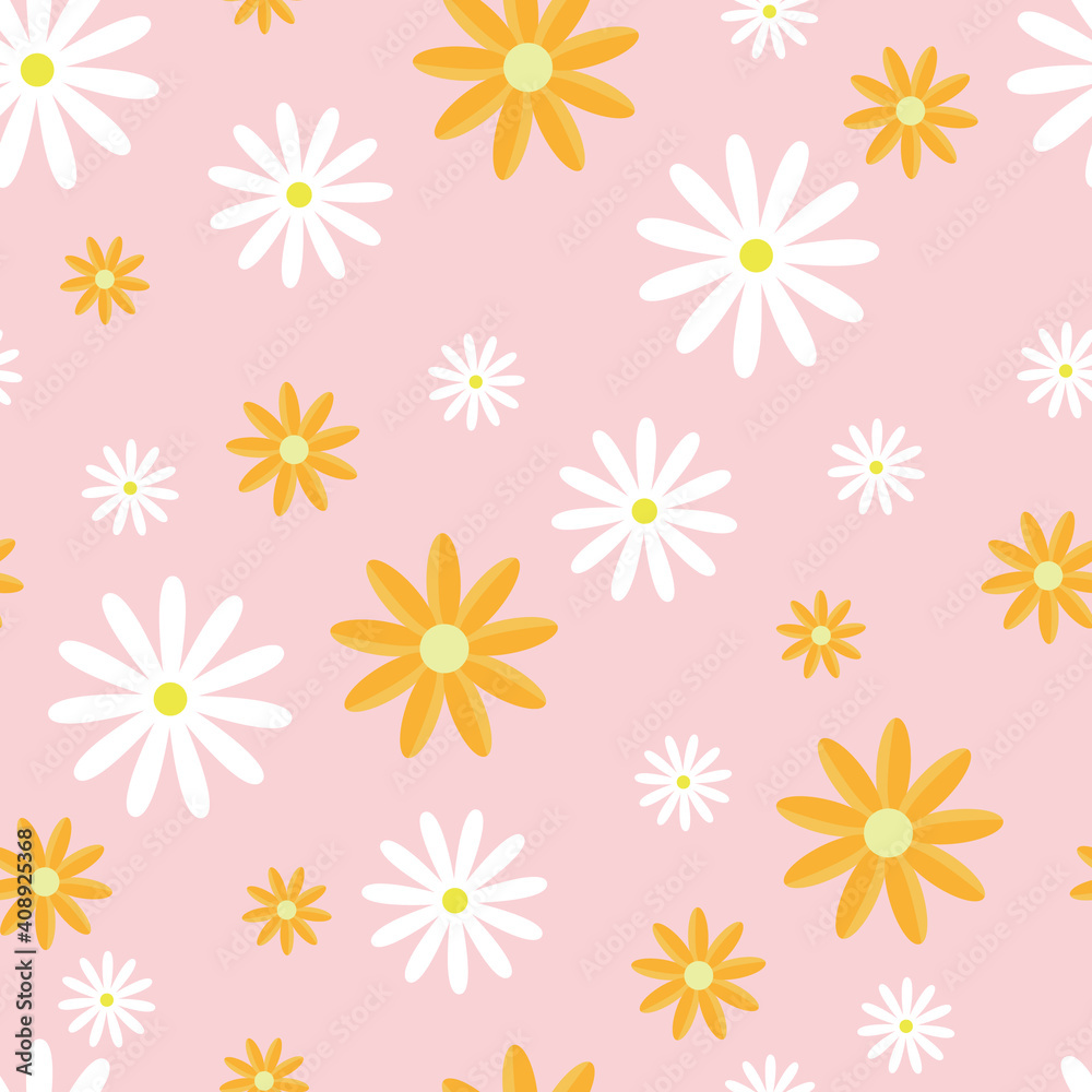 Seamless pattern from flowers. White chamomile, daisy and yellow calendula on a pink background. Endless ornament for textiles, bedding or clothing. Romantic design for packaging. Vector image Seamless pattern from flowers. White chamomile, daisy and yellow calendula on a pink background. Endless ornament for textiles, bedding or clothing. Romantic design for packaging. Vector image