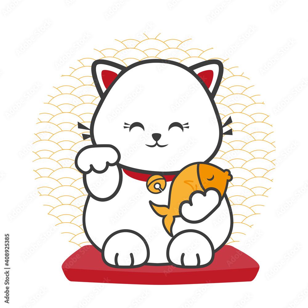 Cute cat holding fish vector. Traditional Japanese cat symbol of good