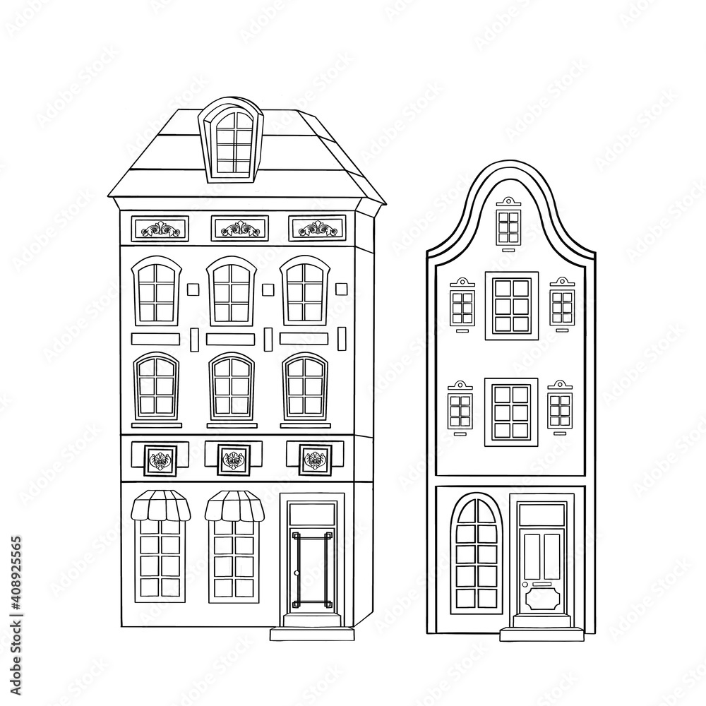 Amsterdam european cute black and white houses buildings city old town doodle outline vector set. Vector illustration