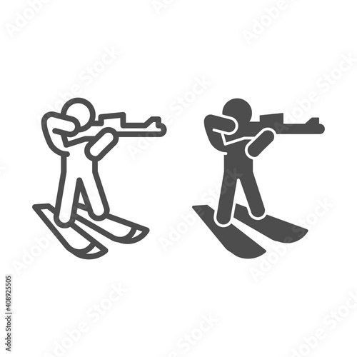 Biathlete skiing with gun line and solid icon, Winter season concept, biathlon sportsman sign on white background, Biathlete at distance icon in outline style for mobile, web design. Vector graphics.
