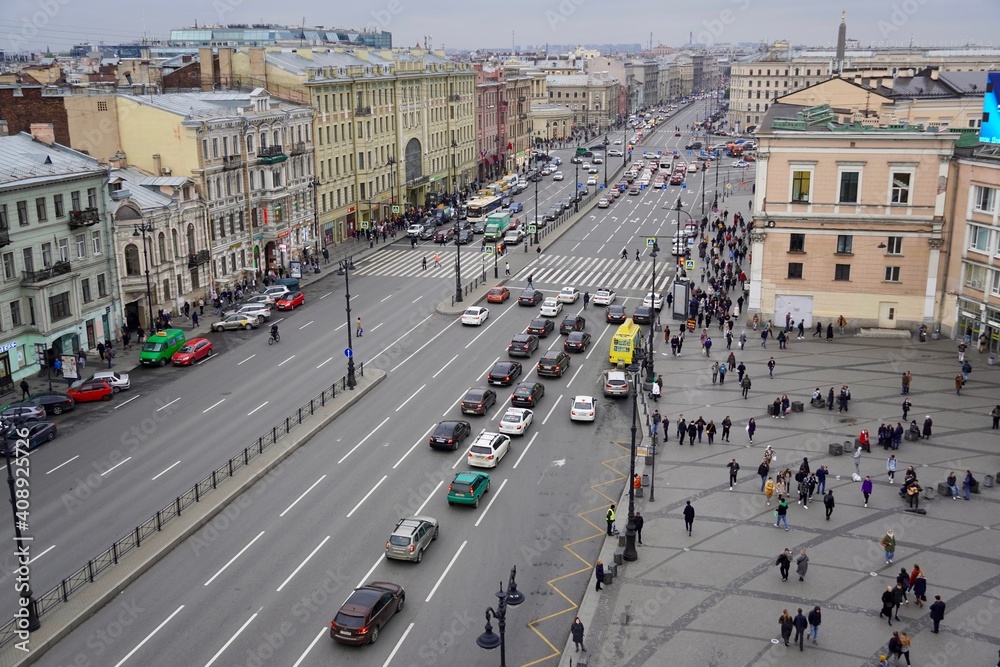 St. Petersburg, Russia - November, 2020 Amazing panoramic view on Ligovsky Prospekt and Moskovsky Railway Station. Roof view. Crowds of tourists in a hurry to their business, lively traffic on the