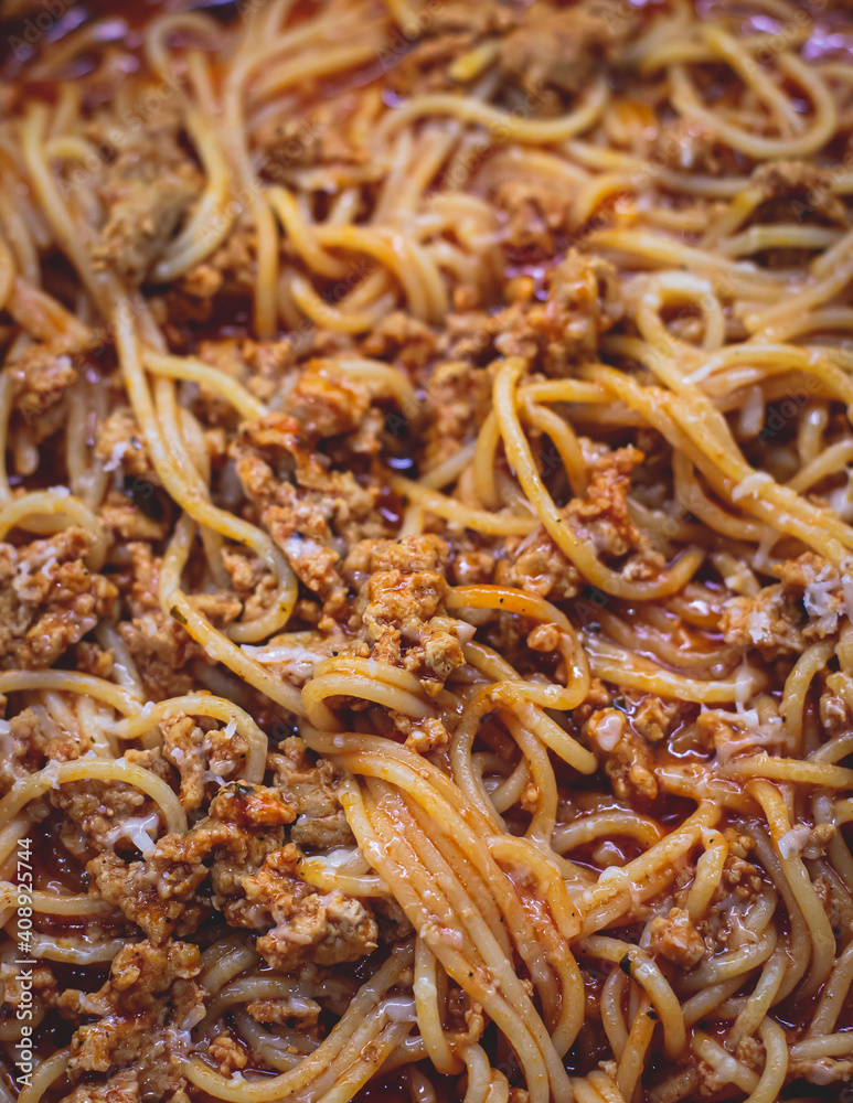 Pasta bolognese pan, homemade prepared close up view, classic italian spaghetti noodle with minced meat beef, tomato sauce and parmesan cheese Pasta bolognese pan, homemade prepared close up view, classic italian spaghetti noodle with minced meat beef, tomato sauce and parmesan cheese