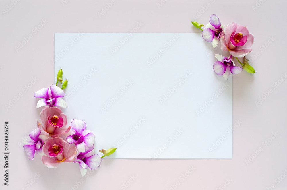 Empty white paper for text with orchids flower of two coner on pastel pink background.