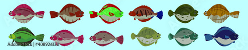 set of flounder fish cartoon icon design template with various models. vector illustration isolated on blue background