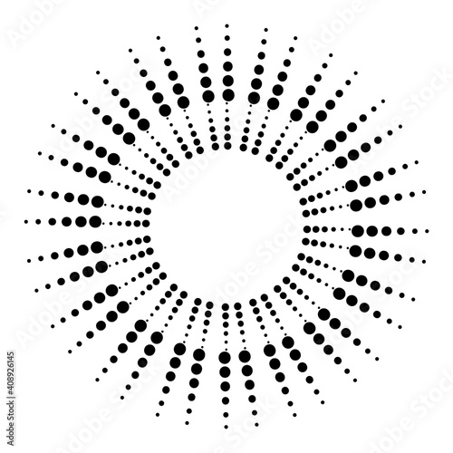 Black rays from dots halftone. Explosion background. Abstract retro vector texture. Stock image. EPS 10.