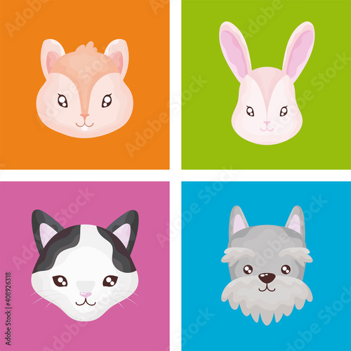 pet set icons, cat dog rabbit hamster color background