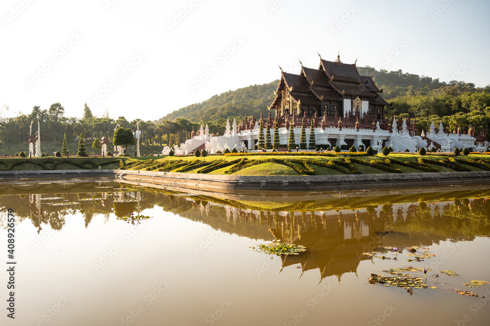 View of Ho Kham Royal Pavilion an iconic symbol of Royal Park Rajapruek in Chiang Mai province of Thailand.