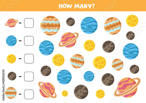 Counting game with cute cartoon planets. Math worksheet. I spy.