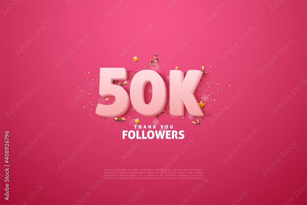 Thank you to 50k followers with soft white numbers on a pink background.