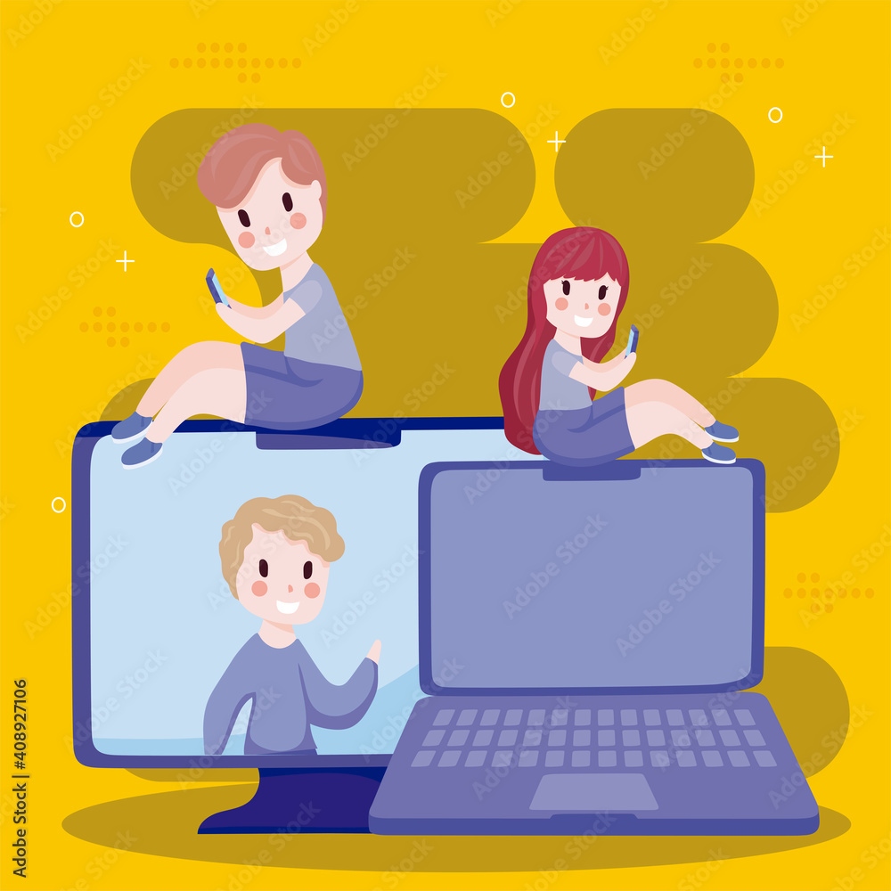 young people using smartphone computer and laptop social media cartoon young people using smartphone computer and laptop social media cartoon