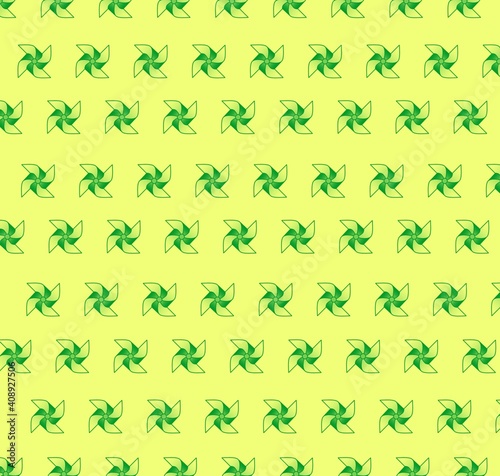 Schematic representation of a windmill, a turntable. Seamless repeating pattern to create gift wrapping paper. Pinwheel on a yellow background.