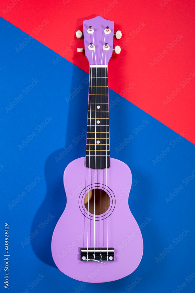 Obraz premium Four string ukulele guitar on blue-red background
