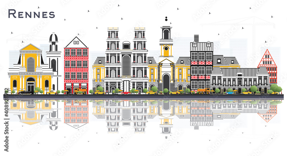 Rennes France City Skyline with Color Buildings and Reflections Isolated on White.