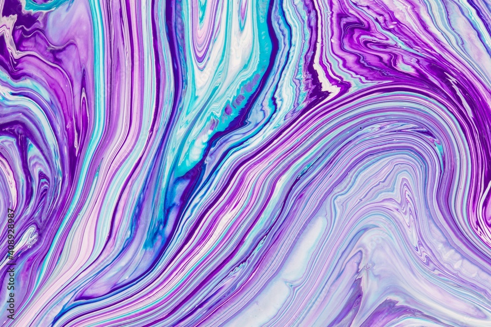 Fluid art texture. Abstract backdrop with mixing paint effect. Liquid acrylic picture that flows and splashes. Mixed paints for interior poster. Purple, turquoise and blue overflowing colors