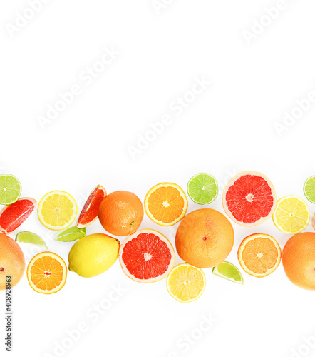 Flat lay composition with citrus fruits  leaves and flowers on white background  seamless pattern