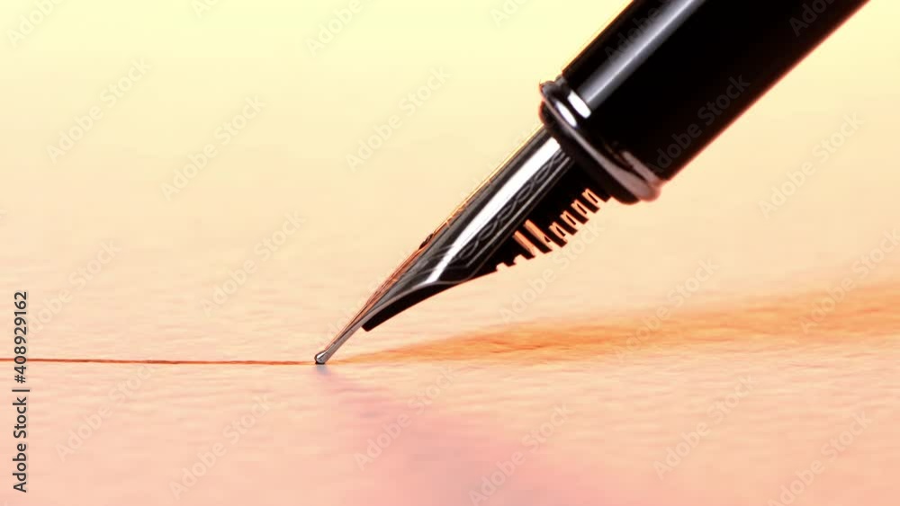 Closeup view of a fountain pen drawing a straight ink line on a textured paper surface