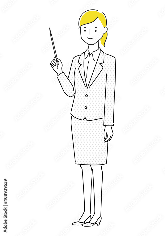スーツの女性のイラスト。指示棒とバインダーを持って立ってる若い女性。 スーツの女性のイラスト。指示棒とバインダーを持って立ってる若い女性。