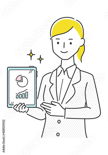スーツの女性のイラスト。若い女性はグラフを書いたタブレットデバイスを持って説明してる。