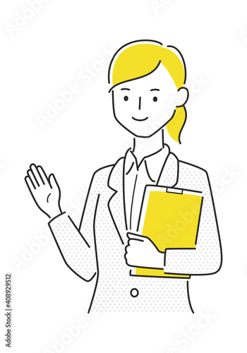 スーツの女性のイラスト。若い女性が手のひらで案内している。