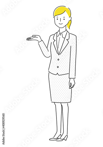 スーツの女性のイラスト。手のひらで案内してる若い女性。