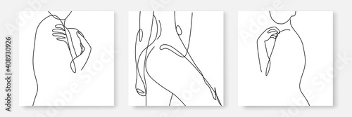 Woman Body One Line Drawing Prints Set. Creative Contemporary Abstract Line Drawing. Beauty Fashion Female Naked Figure. Vector Minimalist Design for Wall Art, Print, Card, Poster.