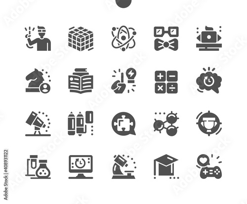 Nerd. Education, science, technology, smart, young genius. Computer training. Learning information. Generating ideas. Math, astronomy, chemistry and biology. Vector Solid Icons. Simple Pictogram