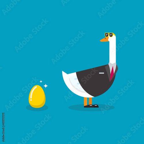 Goose wearing business suit with gold egg