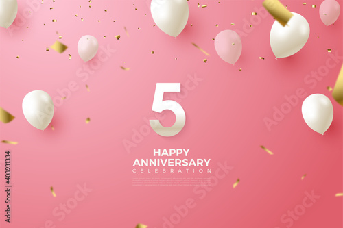 5th Anniversary with flying gold balloons and ribbons.