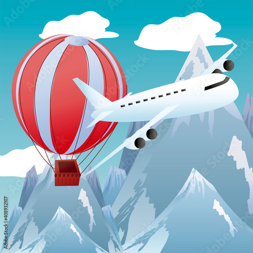 travel mountains peaks plane and hot air balloons adventure tourism