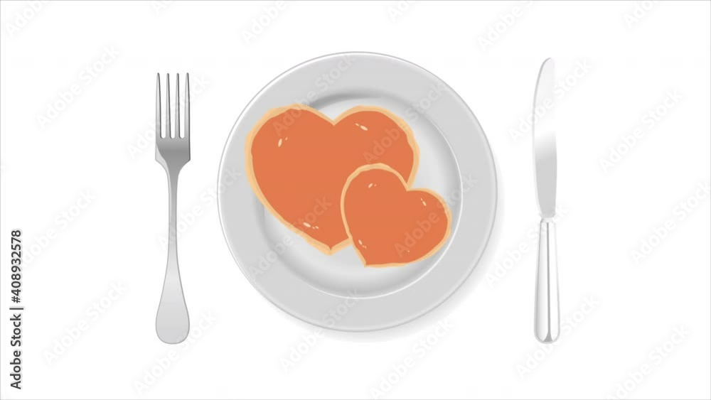 Heart shaped pancakes on a plate, art video illustration. Heart shaped pancakes on a plate, art video illustration.