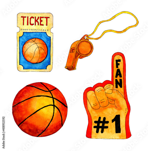 Basketball fan watercolor set. Ball, fan's glove, whistle and match ticket. Basketball sport accessories - set of isolated things on a white background. Drawn by hand.