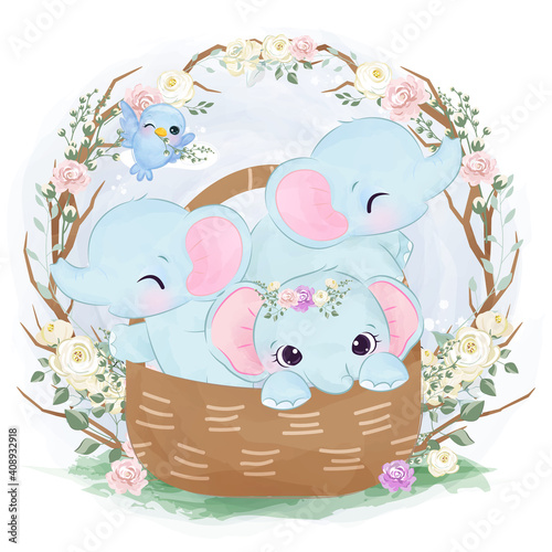 cute elephant illustration in watercolor effect great for baby shower decoration and children prints.