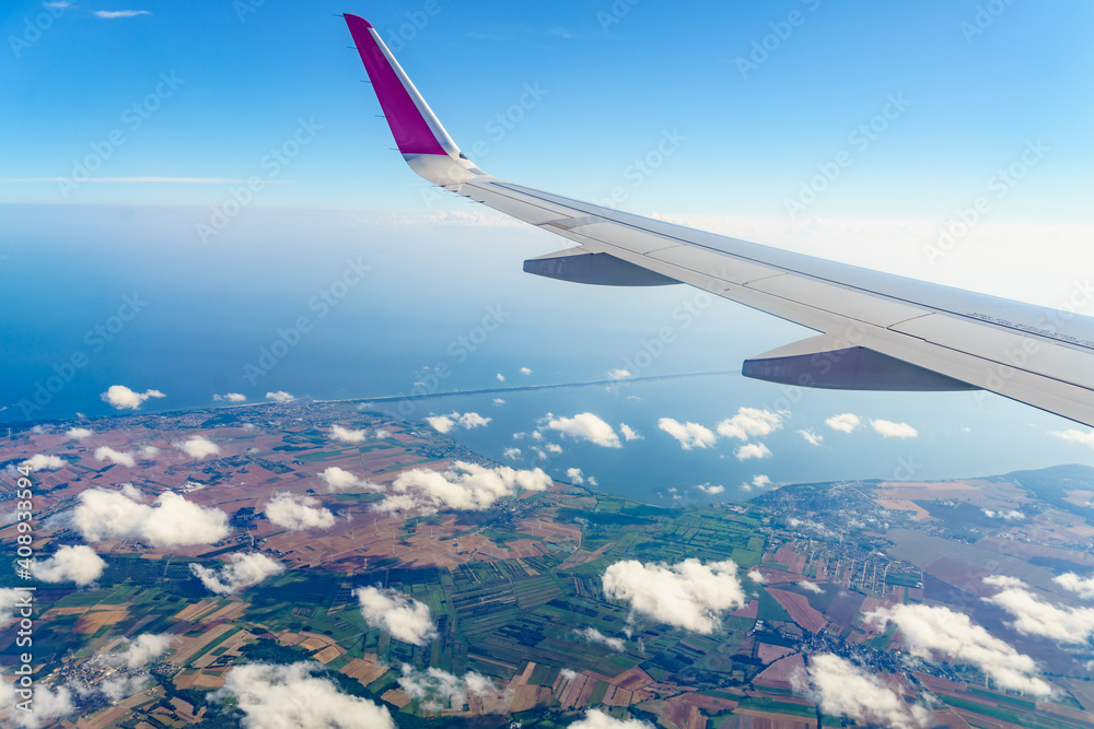 View from an airplane window to Baltic Sea