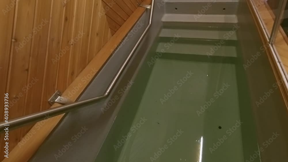 closeup steps with metal railing leading into a baptismal pool with ...