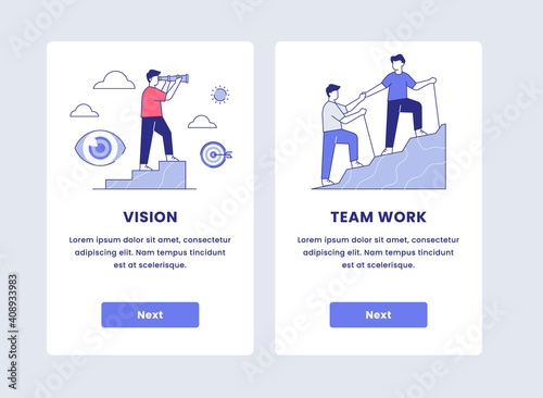 men use telescope look vision and people team work climb hill onboarding for mobile app apps application with cartoon flat outline style