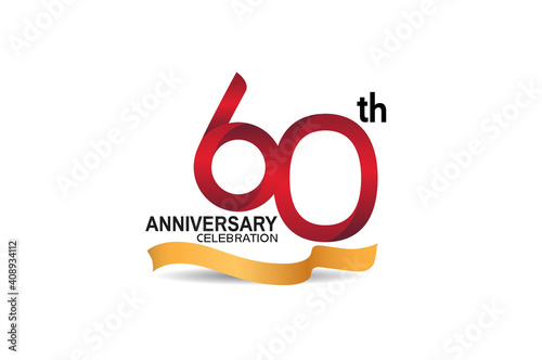 60 anniversary design logotype red color and golden ribbon for celebration isolated on white background