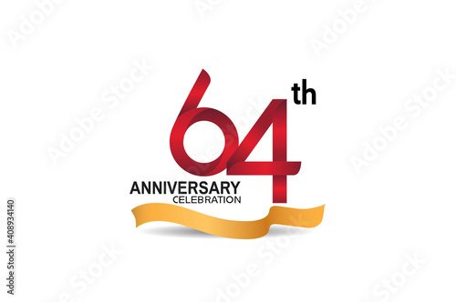 64 anniversary design logotype red color and golden ribbon for celebration isolated on white background