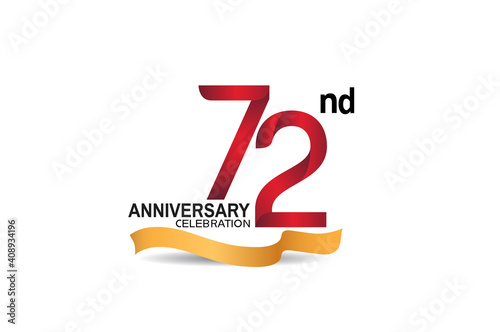 72 anniversary design logotype red color and golden ribbon for celebration isolated on white background