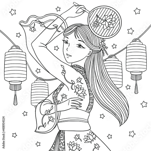 Girl in traditional clothes with fan dancing. Celebration of chinese new year. Vector outline illustration for coloring book for adults.