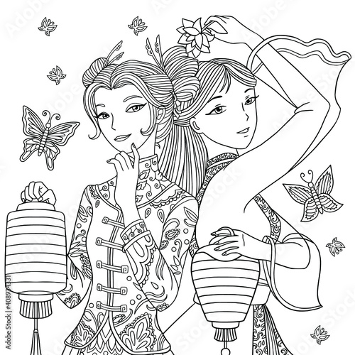 Two girls in traditional clothes with chinese lantern and fan. Coloring book page for adult for anti stress. Vector illustration with doodle and patterns.