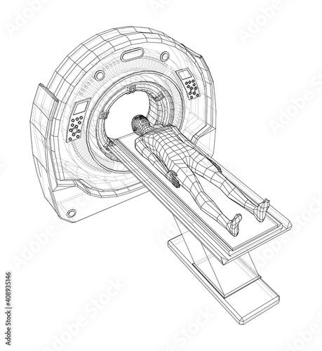 MRI machine scanning patient inside. Vector