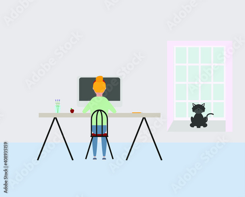 woman teleworking at home with computer