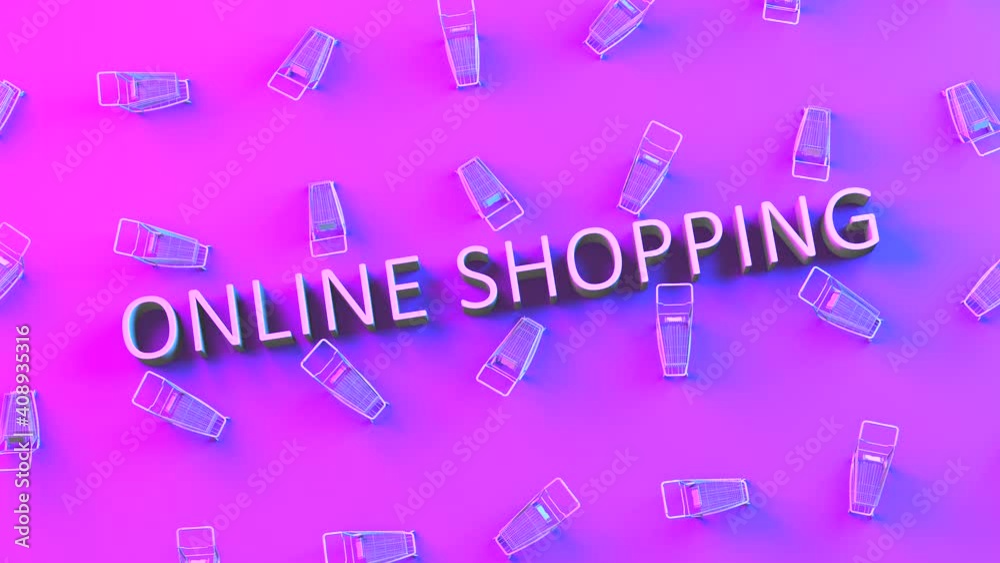 Online shopping 3D text with checkout shopping carts for retail e-commerce promo